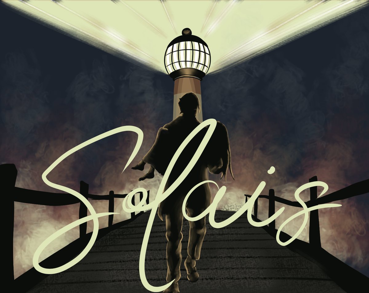 Solais: a lighthouse keeper walks toward the lighthouse's beam, carrying someone in his arms